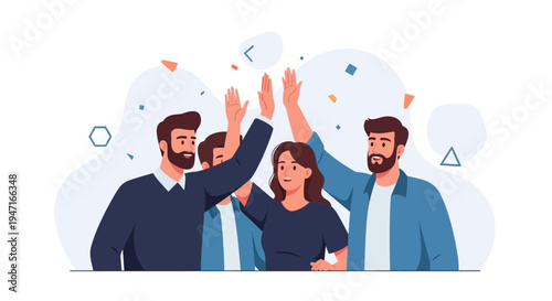 Teamwork success: Diverse group celebrating with high fives and confetti