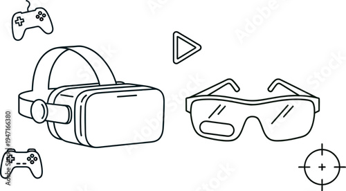 Outline icons representing virtual reality headsets, gaming controllers, 3d glasses, and aiming reticles floating on a soft gradient background.