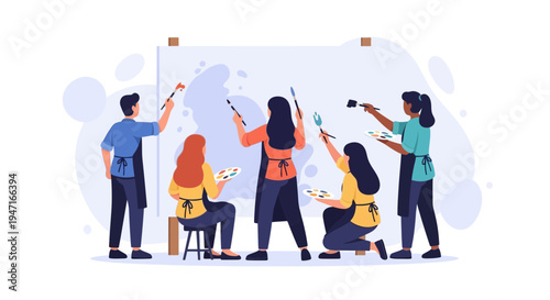 Group of diverse people painting together on a large canvas, collaborative art project