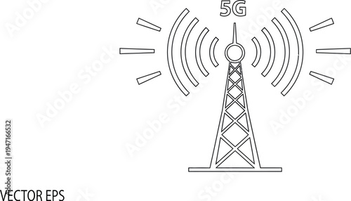 Outline vector icon depicting a 5g cellular transmission tower broadcasting wireless signals against a clean light background
