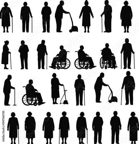 Elderly People Silhouettes: Diverse Senior Citizens in Various Poses and Activities, Including Walking, Wheelchairs, and Mobility Aids