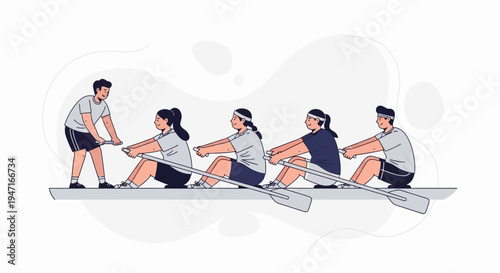 Team Rowing Together on Boat with Coach Guiding