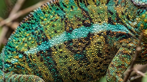 Extreme Closeup of a Chameleon Eye and Colorful Skin Texture Details