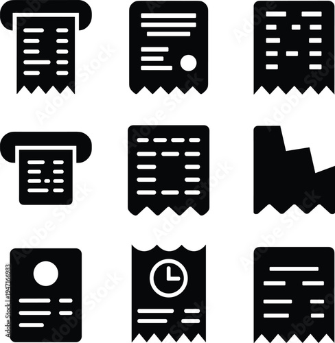 Nine black icons representing receipts and financial documents bill invoice
