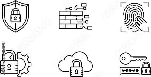 Comprehensive collection of cybersecurity and data protection line icons, illustrating essential concepts for digital safety, network security, and secure access across various platforms and systems.