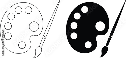 Outline and Solid Black Icons of an Artist's Paint Palette and Brush artist brush painting