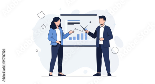 Business meeting: man and woman presenting growth chart on whiteboard