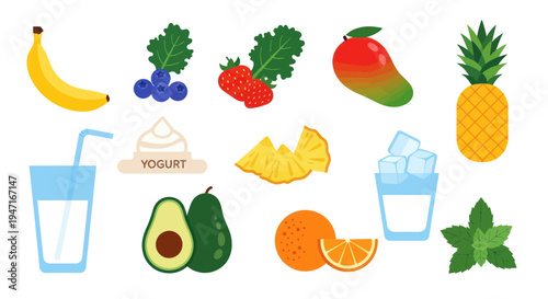 Colorful fruit and beverage ingredients vector