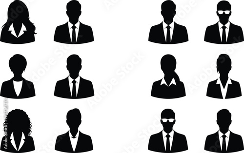 “Twelve diverse professional business silhouettes arranged in a grid, representing teamwork, leadership, collaboration, diversity, and corporate identity for organizational and business concepts”