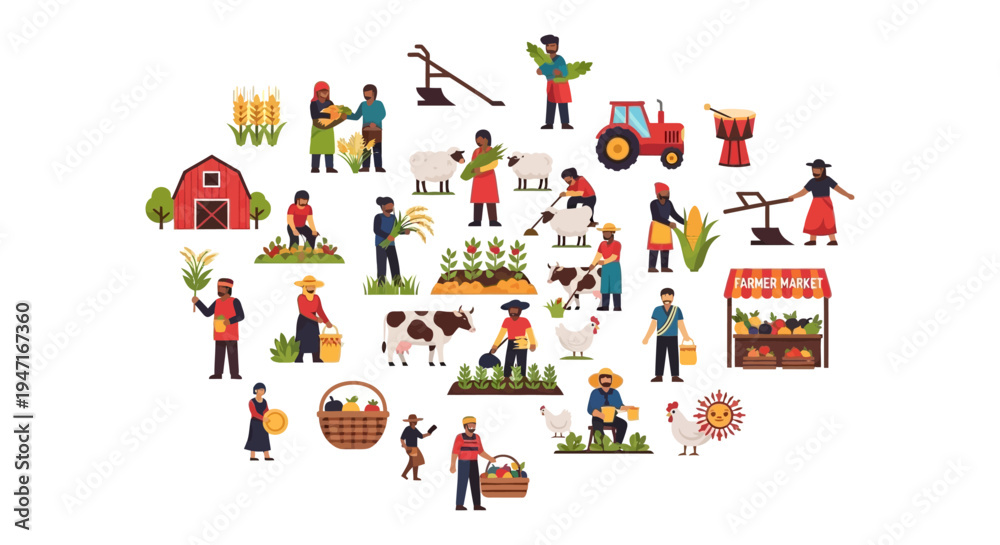 Obraz premium Agriculture and Farming Vector Icon Set. Diverse Farmers, Livestock, Harvesting, Barn, and Produce Market Flat Illustration.