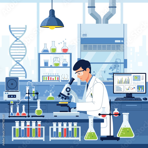Scientist examining cells through microscope in modern laboratory setting daily