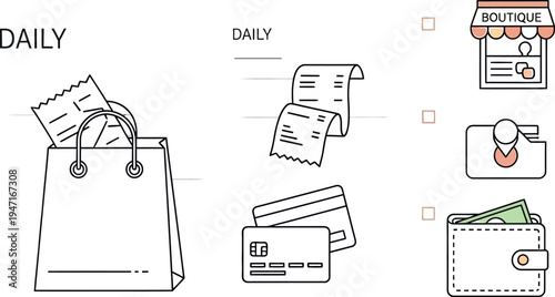 Collection of simple line art icons representing daily shopping expenses payment methods and consumer goods tracking