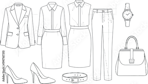 Detailed technical fashion illustration displaying essential women's business attire components for professional wardrobe creation