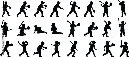 Baseball player silhouettes collection showing pitching, batting, running, and fielding poses, perfect for sports, teamwork, fitness, lifestyle, and recreational design projects