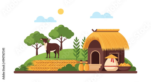 Traditional Rural Village and Farming Illustration. Thatched Hut, Cow, and Harvest Crops Vector. Sustainable Agriculture Scene on Green Hill.