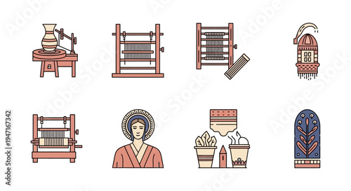Ancient History and Traditional Crafts Icons Set. Pottery Wheel, Loom, Saint Figure, and Religious Art Monoline Vector.