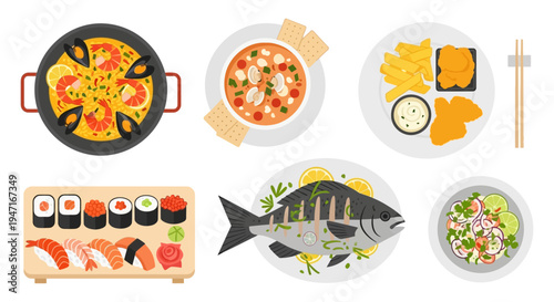International Seafood Dishes Collection. Flat Lay Vector Illustration of Paella, Sushi, Fish, Chowder, and Fried Calamari.