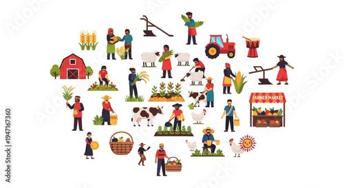 Agriculture and Farming Vector Icon Set. Diverse Farmers, Livestock, Harvesting, Barn, and Produce Market Flat Illustration.