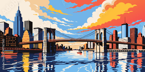 USA, US, U.S, United States - Brooklyn Bridge golden hour skyline panorama dramatic sky reflections on river
