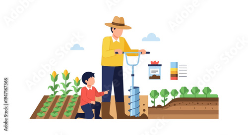 Agronomist and Child Performing Soil Testing with Auger Drill for Sustainable Agriculture and Farming Education.