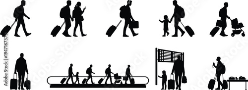 Airport travelers silhouette set showing passengers walking with luggage, family travel, businessman with suitcase, security check and escalator movement in airport terminal.