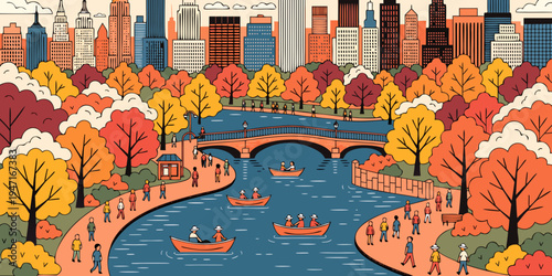 USA, US, U.S, United States - Central Park autumn foliage landscape skyline background peaceful park panorama
