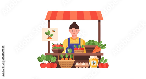 Happy Female Vendor Selling Organic Produce, Fresh Vegetables, Fruits, Eggs, and Honey at a Farmers Market Stall. Isolated Flat Vector Illustration.