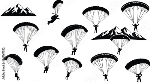 Black silhouette paraglider and skydiver icons set with mountain landscape, extreme adventure sports symbols for skydiving, paragliding, and outdoor recreation. (20 words)