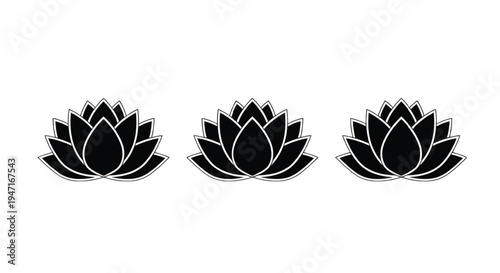 Three stylized black and white lotus flower illustrations in a row