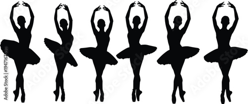 Black silhouettes of ballet dancers in tutus performing graceful poses on pointe shoes, elegant dance vector icons on white background