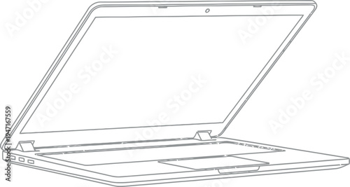 Minimalist continuous line art drawing of a modern laptop computer with an open screen for technology communication design and innovation vector illustration on white background.