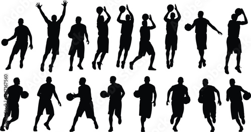 Black silhouettes of basketball players in action, dribbling, shooting, and dunking, sports athletes vector icons set isolated on white background
