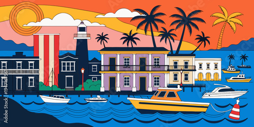 USA, US, U.S, United States - Key West colorful harbor sunset panorama tropical vacation vibe 
