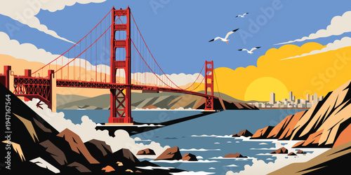 USA, US, U.S, United States - Golden Gate Bridge foggy sunrise panorama over San Francisco Bay iconic red bridge
