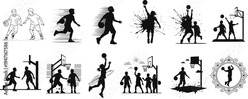 Basketball player silhouettes collection showing dribbling, shooting, dunking and playing actions, black vector set of athletes in motion for sport design