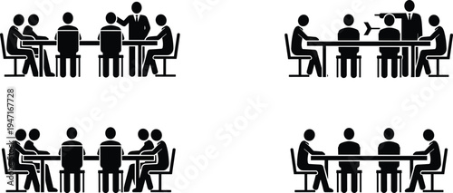 Business meeting and conference discussion silhouettes set, corporate team sitting at table brainstorming, presentation and negotiation concept icons isolated on white background