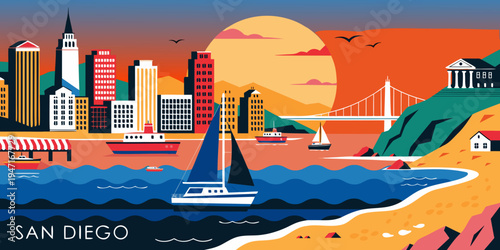 USA, US, U.S, United States - San Diego harbor skyline sunset panorama golden beach coastline
