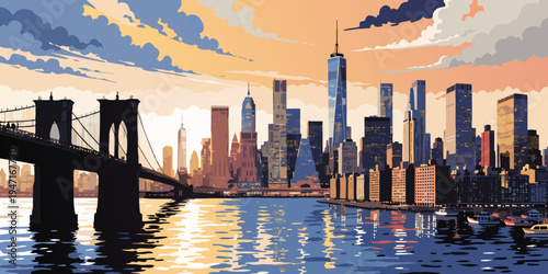 USA, US, U.S, United States - New York City Manhattan skyline golden sunset panorama with glowing skyscrapers and river reflections, cinematic travel poster
