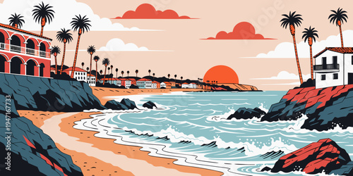 USA, US, U.S, United States - Santa Barbara Spanish architecture beach sunset panorama coastal California charm
