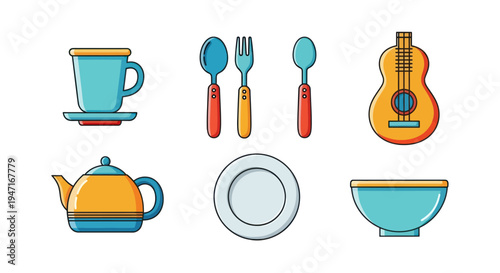 Colorful illustration of kitchenware and instruments