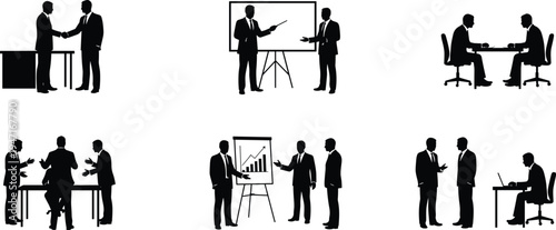 Business meeting and presentation silhouettes set showing handshake, negotiation, teamwork and office discussion scenes, corporate professionals collaboration isolated on white background