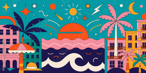 USA, US, U.S, United States - South Beach art deco pastel beach sunset panorama colorful coastal scenery
