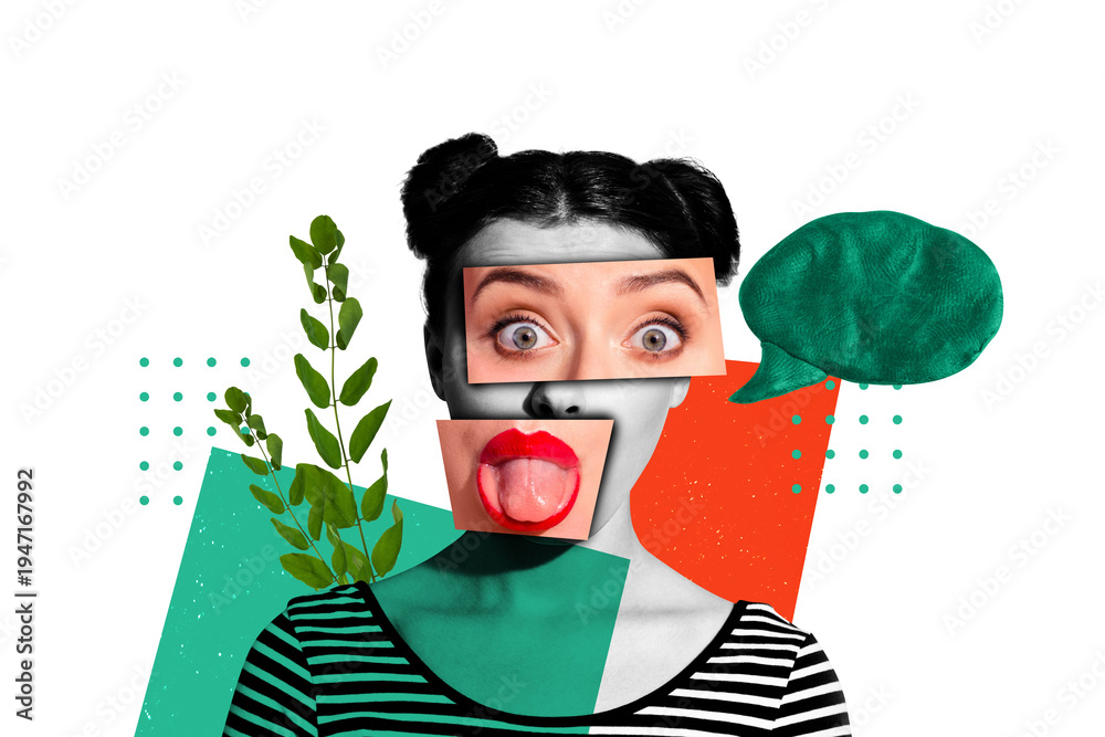 © deagreez - Contemporary art collage of happy girl sketch cutout eyeball stare lips smile show tongue pieces face element surgery leaves plant