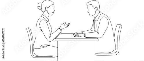 Business meeting line art illustration of businessman and businesswoman sitting at table discussing ideas, professional communication, office interview or negotiation concept isolated