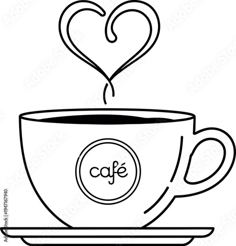 Minimalist black and white line art drawing of a steaming coffee cup featuring heart shaped steam above a saucer