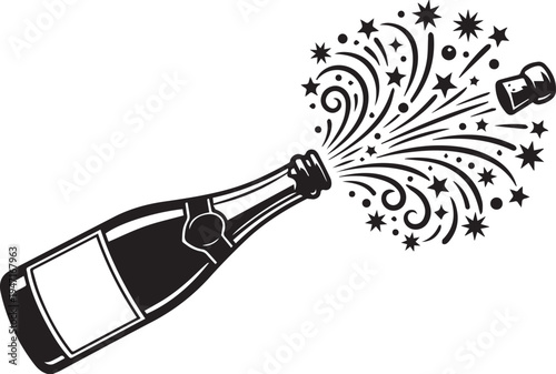 Champagne burst vector with opened bottle, flying cork, stars, swirls, bubbles, and festive celebration design