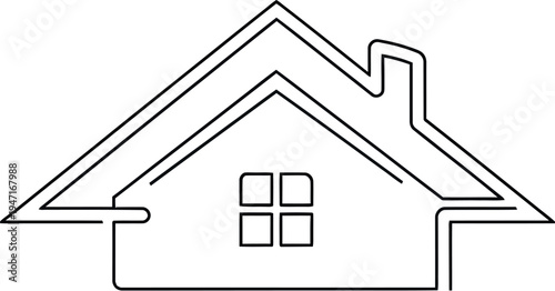 A single continuous line forms a minimalist house icon featuring a distinct roof and a four-paned window, symbolizing concepts of home, shelter, property, and modern real estate design.