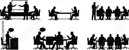 Business meeting silhouette set showing office team discussion, presentation at boardroom screen, manager briefing employees, group conference, workplace collaboration