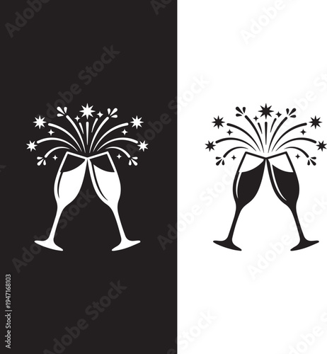 Champagne toast vector with mirrored clinking glasses, splash, sparkles, and festive black-and-white design