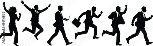 Business people running and celebrating silhouettes set, energetic corporate workers with briefcase and laptop in motion, success, achievement and career motivation concept